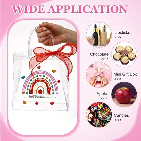 SilTriangle 30 Pcs Teacher Appreciation Gift Bags with Handles 7.8 x 7.8 x 3.1'' Clear Teacher Gifts Bag with Red Bow Ribbon Reusable Plastic Gift Bags for Graduation Teacher Day Supplies(Classic) in Saudi Arabia