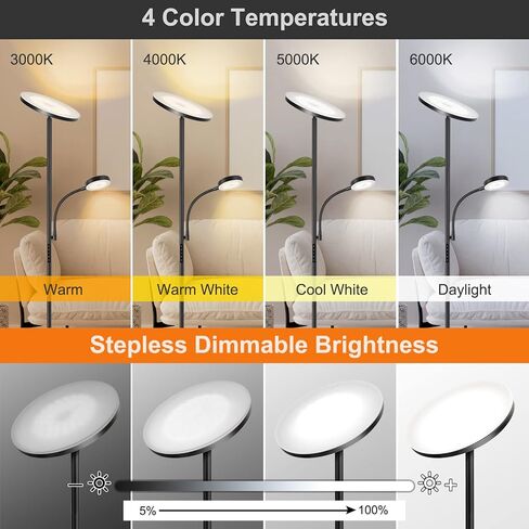 مصباح أرضي LED LED ، 27W/ 2400LM Torchiere الحديثة ومصباح القراءة 7W/ 400LM ، مصباح طويل القابل للوقت مع 4 درجة حرارة اللون ، التحكم عن بُعد في غرفة نوم غرفة المعيشة ، أبيض in Kuwait