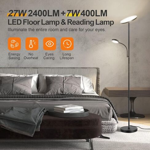 مصباح أرضي LED LED ، 27W/ 2400LM Torchiere الحديثة ومصباح القراءة 7W/ 400LM ، مصباح طويل القابل للوقت مع 4 درجة حرارة اللون ، التحكم عن بُعد في غرفة نوم غرفة المعيشة ، أبيض in Kuwait