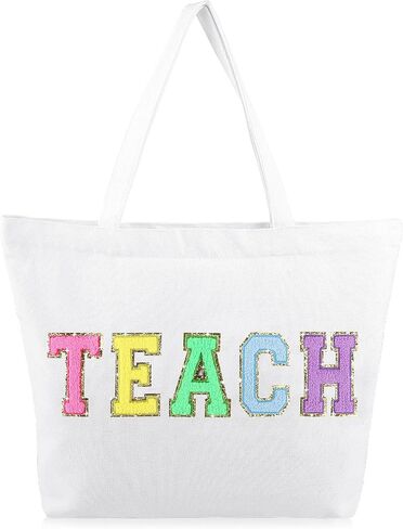 Dripykiaa Teacher Appreciation Gifts Teacher Gifts Tote Bag Canvas Chenille Letter Patches with Zipper Pocket in Saudi Arabia