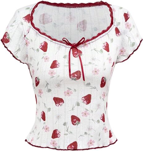 SOLY HUX Women's Summer Short Sleeve Y2k Tees Ditsy Floral Lace Bowknot Tshirts Kawaii Crop Tops in Kuwait