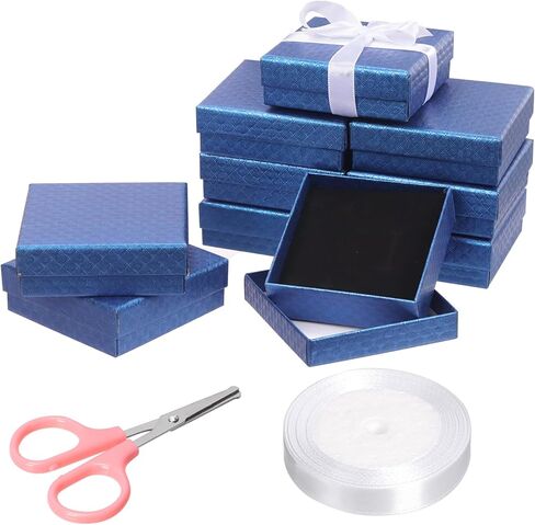 Mardatt 10Pcs Cardboard Jewelry Boxes, Square Jewelry Gift Boxes Velvet Sponge Liner Jewelry Case with Scissors and Polyester Ribbon for Necklace Earring Bracelet - 3.5 x 3.5 x 1 Inch, Pink in Kuwait