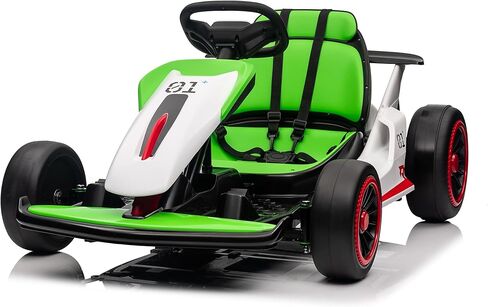 Go Kart for Kids ، 24V Drift Kart مع محرك قوي 2x200W ، بطارية كبيرة 7AH ، دواسات كهربائية ، Electric Go Kart Outdoor Race Toy Green & White in Kuwait