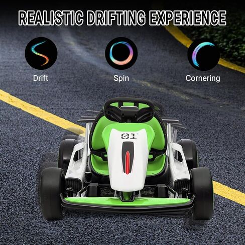 Go Kart for Kids ، 24V Drift Kart مع محرك قوي 2x200W ، بطارية كبيرة 7AH ، دواسات كهربائية ، Electric Go Kart Outdoor Race Toy Green & White in Kuwait