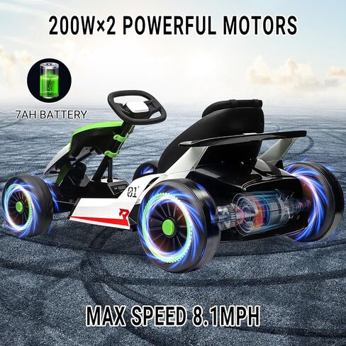 Go Kart for Kids ، 24V Drift Kart مع محرك قوي 2x200W ، بطارية كبيرة 7AH ، دواسات كهربائية ، Electric Go Kart Outdoor Race Toy Green & White in Kuwait