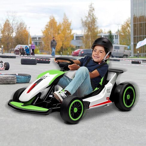 Go Kart for Kids ، 24V Drift Kart مع محرك قوي 2x200W ، بطارية كبيرة 7AH ، دواسات كهربائية ، Electric Go Kart Outdoor Race Toy Green & White in Kuwait