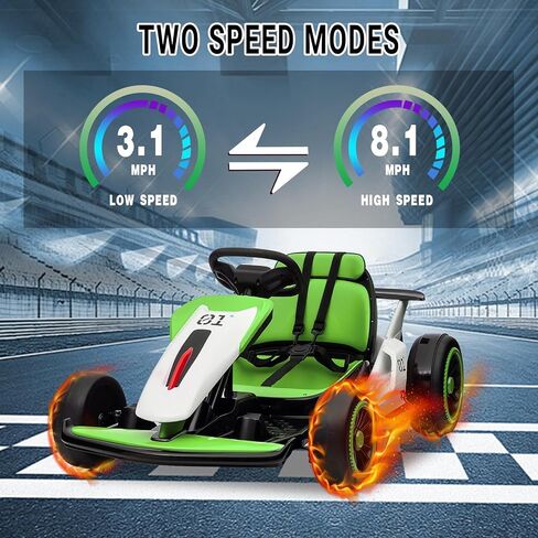 Go Kart for Kids ، 24V Drift Kart مع محرك قوي 2x200W ، بطارية كبيرة 7AH ، دواسات كهربائية ، Electric Go Kart Outdoor Race Toy Green & White in Kuwait