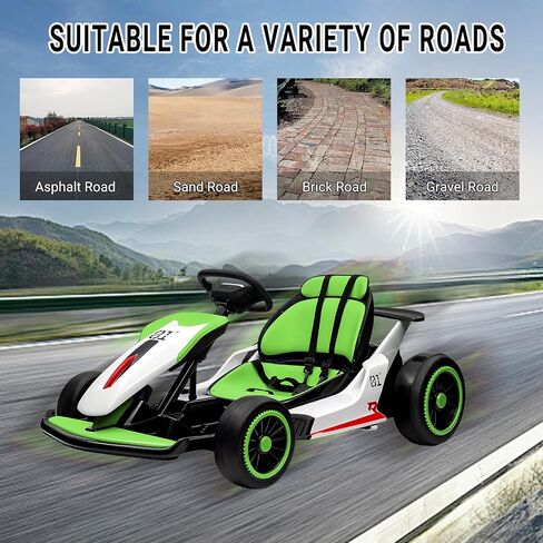 Go Kart for Kids ، 24V Drift Kart مع محرك قوي 2x200W ، بطارية كبيرة 7AH ، دواسات كهربائية ، Electric Go Kart Outdoor Race Toy Green & White in Kuwait