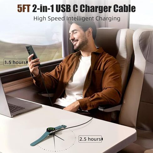 for Samsung Galaxy Watch Charger Compatible with Galaxy Watch 7/6/6 Classic/FE/5/5 Pro/4/4 Classic/3/Active 2/Active1, 5FT Type C Port Cable, Black in Kuwait