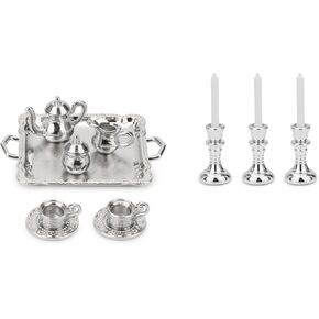 مجموعة شاي مصغرة وشمعدانات 3 PCS Candle Holder Set 1/12 Dollhouse Kitchen Decoration 10pcs Tea Teapot Teapot Tray Set Mini House Furniture Accessories Taware Kit Mimulation LifeLike