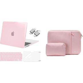 MOSISO Compatible with MacBook Air 13 inch Case 2024-2022 M3 A3113 M2 A2681 Touch ID, Plastic Hard Shell&Keyboard Skin&Screen Film&Type C Adapter&Neoprene Vertical Bag with Small Case, Rose Pink&Pink