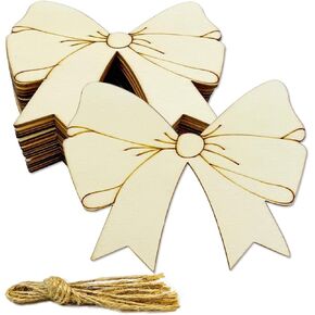 30 Pack 4 Inch Wood Bowknot Crafts Unfinished Wood Bow Cutouts Wooden Bowknot Hanging Ornaments DIY Bowknot Craft Gift Tags for Home Party Decoration Craft Project