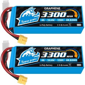Yowoo 2 Packs 4S Lipo Battery 14.8V 3300MAH 150C Graphene Battery with XT60 Plug for Mikado Goblin Align 550 600 Series Helicopter RC Airplane Boat UAV DRONE