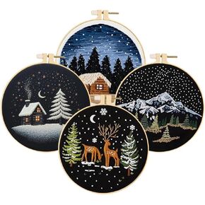 Huacan 4 Set Christmas Embroidery Kit Beginner Hand Embroidery Set for Home Decor, Includes Fabric Hoop (Christmas)