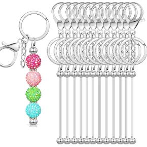 12Pcs Beadable Keychain Bars Blanks Bead Keychain Metal Beaded Keychain DIY Keychain Supplies Bulk for Pendant Crafts Jewelry Keychain Making Gift, siliver, ME0109