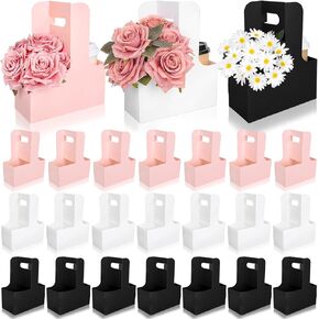Whaline 24 Pcs Flower Gift Bags Mother's Day Kraft Paper Bouquet Bags Rectangle Flower Box Pink Black White Drink Carriers with Handle to 2 Cup Paper Holder Baskets for Wedding Valentines Birthday