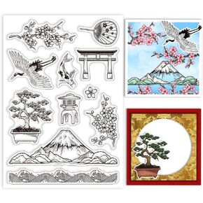 GLOBLELAND Japan Cherry Blossoms Clear Stamps for DIY Scrapbooking Mount Fuji Silicone Stamp Seals Crane Transparent Stamps for Cards Making Photo Album Journal Home Decoration 6.3×4.33inch