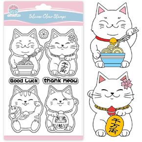 GLOBLELAND Lucky Cat Clear Stamps for Scrapbooking Oriental Japanese Silicone Stamps Cherry Blossom Transparent Stamp for Card Making DIY Embossing Journaling