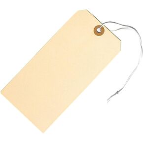 100 Large Tags with Elastic String Attached - # 8, 6 1/4" x 3 1/8" - Big Shipping Tags with Elastic String Loop and Reinforced Hole, Tie On Labels