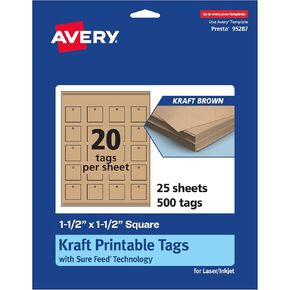 علامات مربعة قابلة للطباعة Avery مع تقنية التغذية المؤكدة ، 1-1/2 "× 1-1/2" ، Kraft Brown Cardstock ، طباعة إلى الحافة ، الليزر/الحبر ، 500 إجمالي ، رائعة لعلامات الهدايا المخصصة وعلامات العلامات التجارية