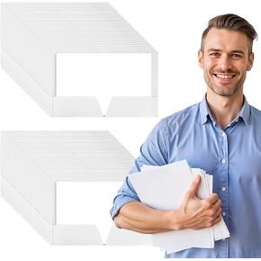 50Pcs White Folders with Pockets Glossy Paper Folders Fit Letter Size Paper, Presentation Folders with 2 Pockets for School Students, Businessmen, Home and Office Workers