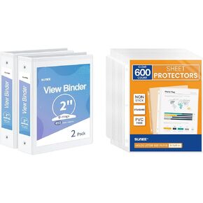 Sunee White Binders & Sheet Protector Bundle ، 2pcs 2 inch 3 replers و 600pcs reportors approfors ، 8.5x11
