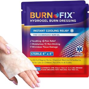 Burn-Fix- 4 Pack-Burn Gel Dressing 4 x 4" Burn Care Cream First Aid Treatment. Immediate Pain Relief Hydrogel Burn Dressing for 1st, 2nd Degree Burns, Razor & Sunburns for Home, Work, Fire, EMS