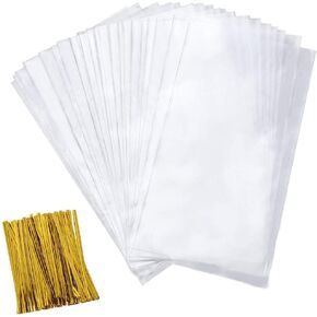 Enenes Cellophane Bags 200-Pack 4x9 Inch Clear Party Favor Bags with Twist Ties for Candy, Cookies, Bakery Treats, Desserts & Gift Packaging