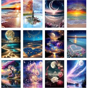 12 حزمة الماس مجموعات للبالغين ، وأطقم الطلاء الماس Moonlight Beach ، وأطقم فنون الماس 5D Seaside Moon Moon ، و DIY Cull Drill Paint with Diamond ، Home Wall12 × 16 Inch