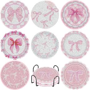8 Pcs Diamond Painting Coasters,Diamond Painting Kits,Pink Bow Diamond Art Coasters,5D DIY Full Drill Diamond Dots,Gem Art Kits for Adults Arts and Crafts Supplies
