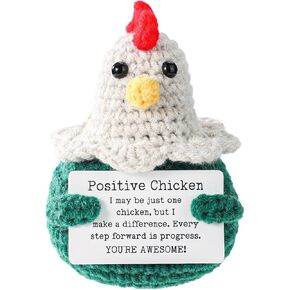 Positive Crochet Chicken, Cute Knitted Rooster Plush Doll with Motivational Card Handmade Emotional Animals Support Cheer Up Gift for Family Friends Easter Home Decor (Green)