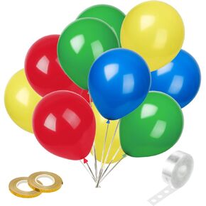 Party Balloons Set with Balloon Strips and Gold Ribbon, Red, Blue, Green, Yellow,Latex Balloons