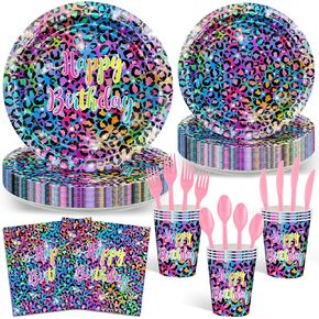 Avezano 168 PCS Neon Rainbow Leopard Birthday Party Decorations Cheetah Decortations Decortations Table Parice Set Neon Plates Faltes For Girls ،