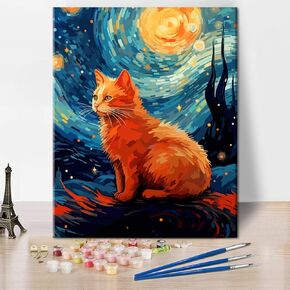 طلاء الطلاء الزيتي Tumovo DIY للبالغين والأطفال - طلاء قطة Night Starry بالأرقام ، اللوحة الأكريلية ، 16 "x20"