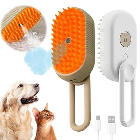 Cat Steam Brush, 3 in 1 Steam Cat Dog Brush, Massaging and Cleaning Shedding Pets Hair (khaki+white)