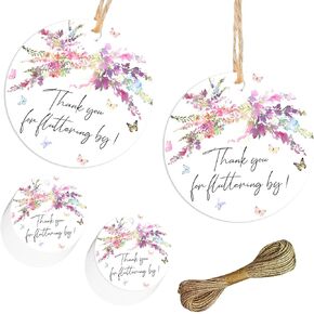 50PCS Butterfly شكرًا لك على علامات الزهور الفراشة شكرًا لك على علامة هدية مع سلسلة Round Thank You Paper Tags Jound