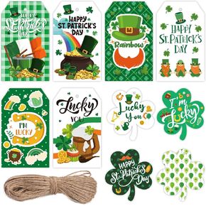 100pcs St. Patrick's Day Gift Tags, 2 Shapes 10 Styles Clover Gift Tags Hanging Ornament Shamrock Tags Labels Decorative Irish Tag for Present Wrapping Handmade Craft Party Favors
