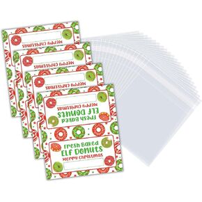 Fresh Baked Elf Donuts Tags & Bags | 100 pk 50 Bags & 50 Bag Topper Tags | Christmas Holiday Party Favor Treat Bags Stickers Shelf Game Kids Elf Accessories Donut Arrival Cereal Donut Shop Kreme