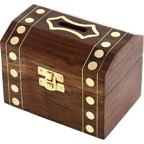 Ajuny Wooden Money Bank with Brass Inlay - Polka Dots Design Money Saver Piggy Bank Storage Safe and Secure Box for Adults and Kids Birthday Gift - 5 Inch