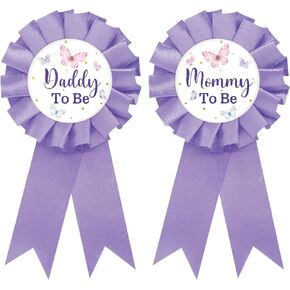 Butterfly Mom to Be Tinplate Badge Pin, Butterfly Daddy to Be Pin, Gender Reveal Button for New Parents, Purple Rosette Mom to Be Award Ribbon, Butterfly Baby Shower Party Favors