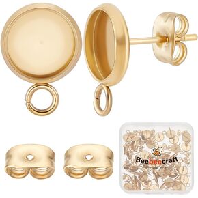 Beebeecraft 1 Box 50Pcs Stud Earring Cabochon Setting 304 Stainless Steel Stud Bezel Earring Blanks with Loop for DIY Earring Making (Tray: 8mm)