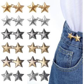 ElevateTech 12pcs Pant Weist Trainener Star Pin قابلة للتعديل جسم الخصر ملاءمة مشد الابازيم القابلة للإزالة لا توجد خياطة ملحقات زخرفة الأسلوب نساء تنورة بنطلون جينز (الذهب الفضي)