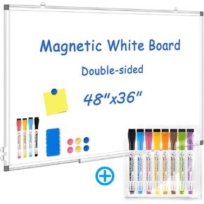 WALGLASS Double-Sided White Board Plus 8 Count Markers Bundle，48" x 36" Large Dry Erase White Board for Wall, Hanging Whiteboard with Silver Aluminium Frame for Home, School, Office