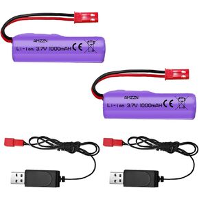 2PCS 3.7V 1000mAh Li-ion Battery with JST-2P Plug and USB for Huina 1337 1338 1516 1517 Remote Control Engineering Vehicle, RC Toy Car Battery Accessories (2PCS Battery+2 USB)