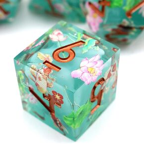 DND Flower Dice Set 7PCS Handmade Sharp Edge Resin Dice for Dungeons and Dragons Table Games with Gift Case (Lotus Pond)