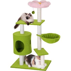 41.2 '' Flower Cat Tree مع 3 وظائف خدش ، برج قط صغير لطيف لقطات الفتاة الداخلية ، سرير كهف كهف كهف مريح لحيوانات الأليف هريرة ، أخضر