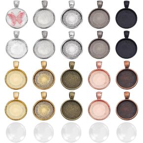 Ahandmaker 30pcs صواني قلادة 10 ألوان صور سحر صورة 20 مم صينية فارغة إطار الكابوشون مع 30pcs cabochons مسطحة مستديرة طقم لصنع المجوهرات