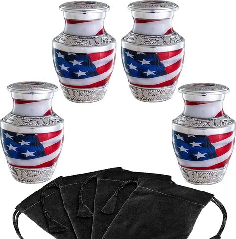 4 Small Urns for Human Ashes Male or Female - Set of 4 American Flag Mini Urns for Veteran or Patriotic - Cremation Keepsakes with Velvet Box - Memorial Police Army Urn and Ash Storage in Saudi Arabia