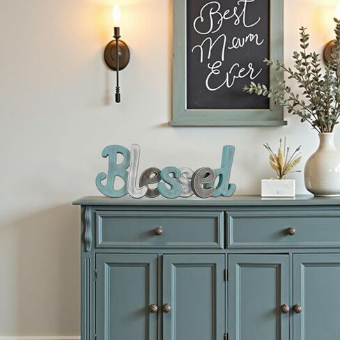 Teal Blessed Wooden Letters Wall Decor Freestanding Cut Out Decorative Wood Word Decor Signs for Living Room Shelf Mantel Table Top Rustic Home Decor in Kuwait