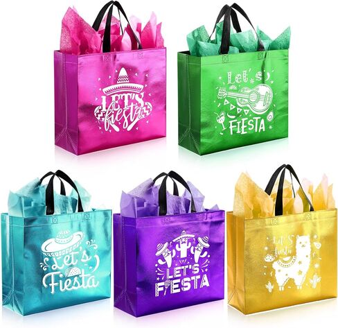 Kolldenn 20 Pcs Mexican Fiesta Party Favor Bags with Handles & Tissue Paper Reusable Non Woven Cinco De Mayo Gift Goodie Candy Treat Tote Bags for Mexican Party Favors Decor(8 x 4 x 10 Inch) in Saudi Arabia